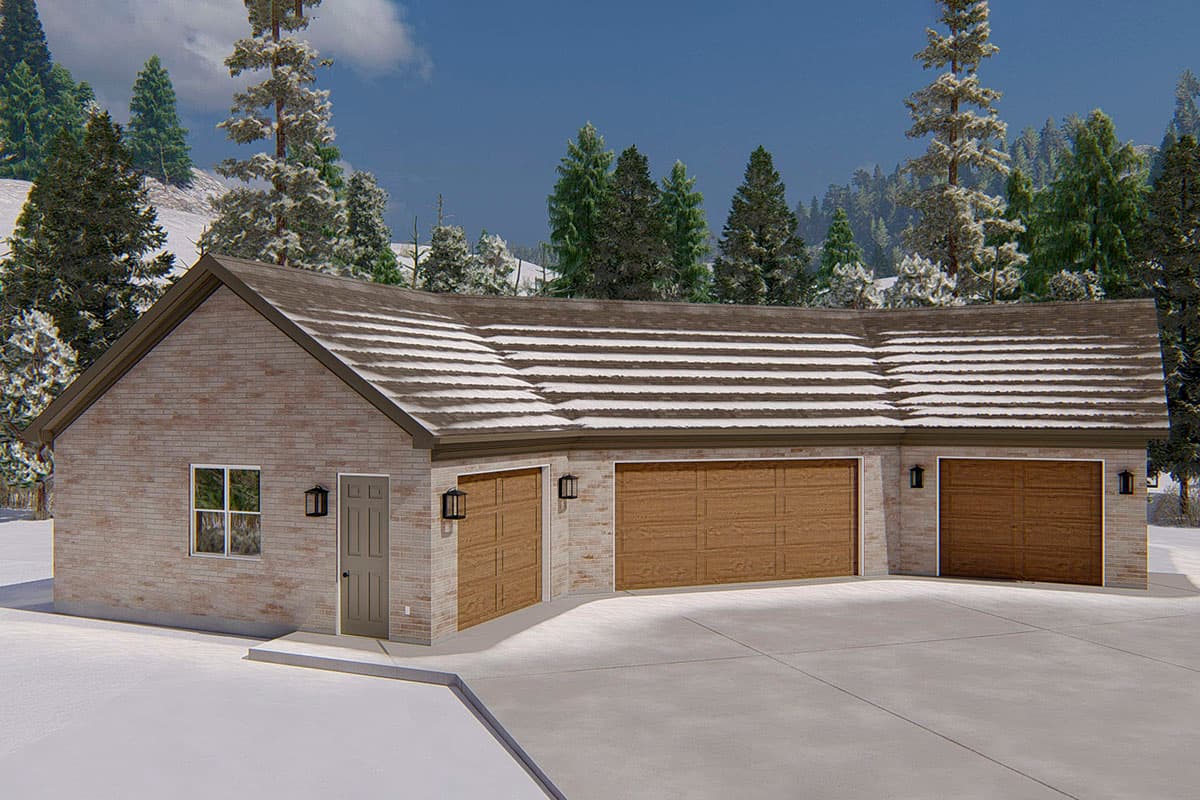 House plan exterior with brick siding, a gable roof, and a three-car garage.