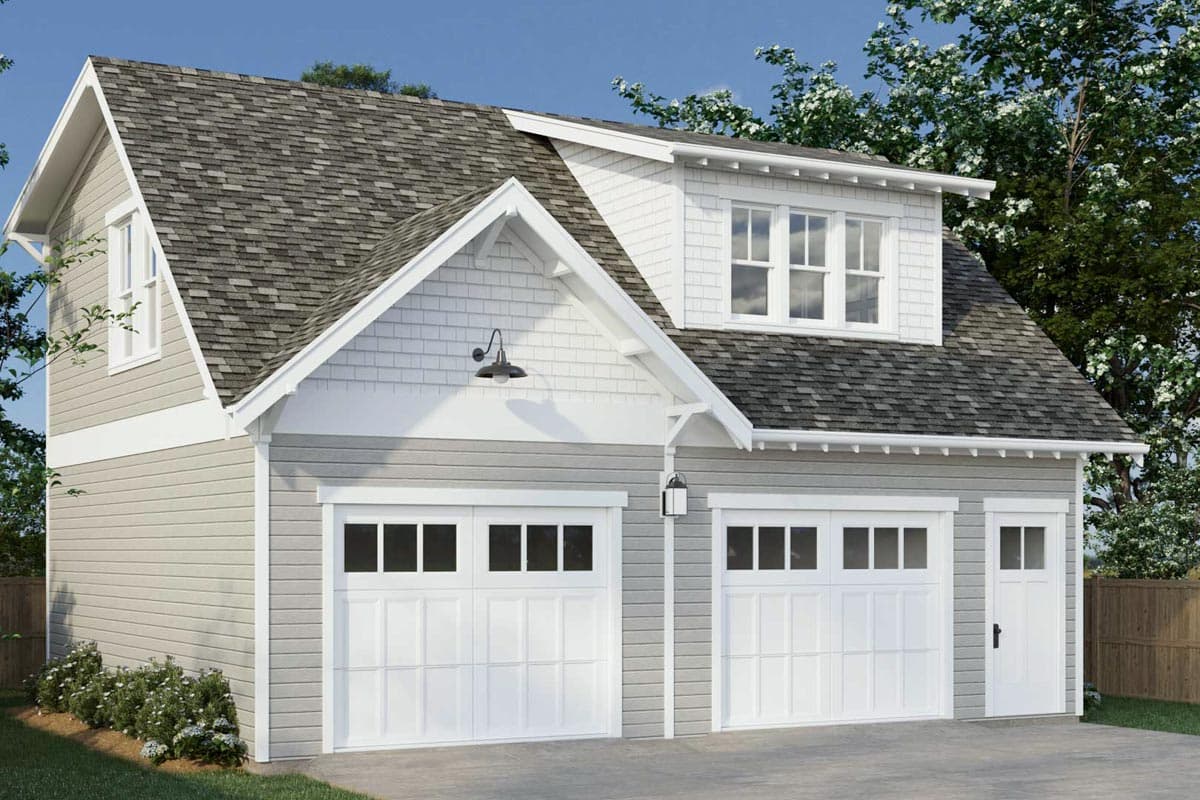 House plan exterior of a two-story garage with a dormer, decorative gables, and carriage-style doors.