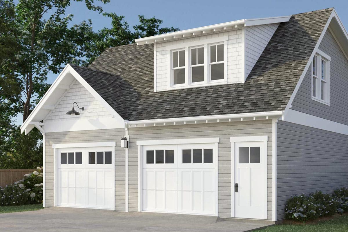 House plan exterior: Gable roof, dormer with three windows, and two garage bays with paneled doors.