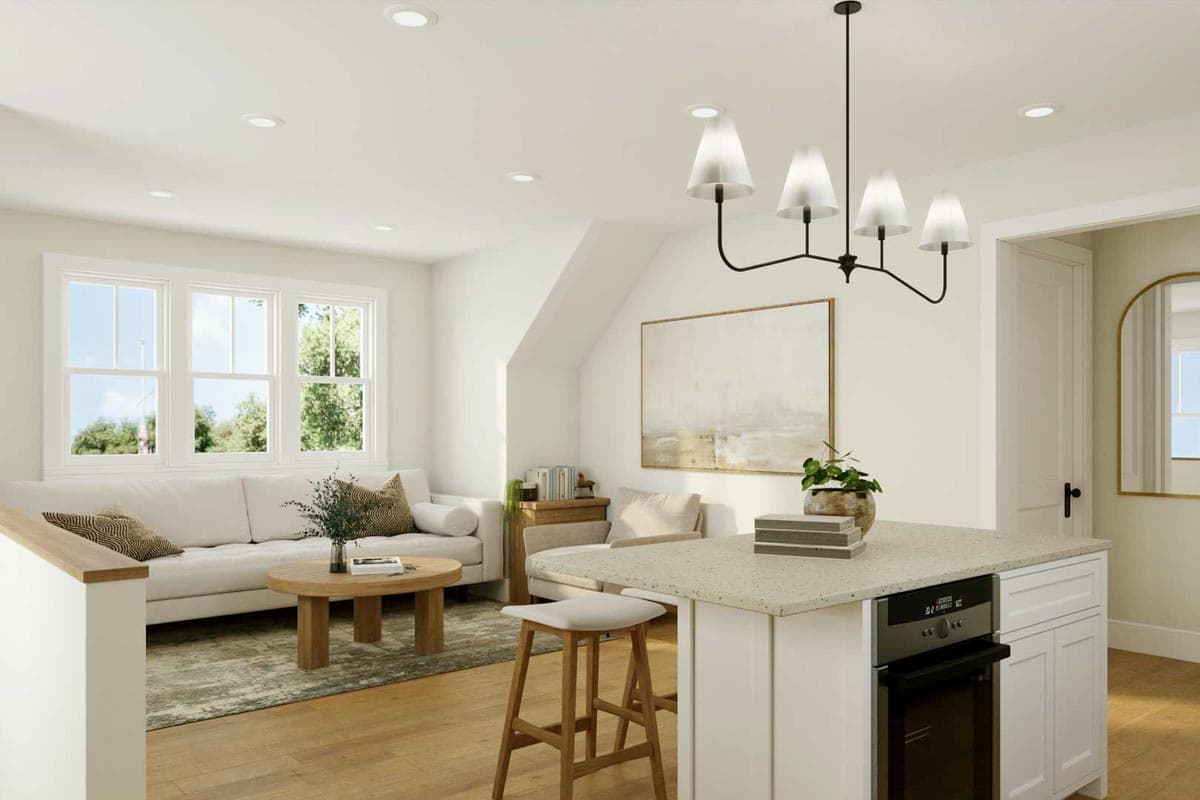 Open concept living and kitchen area with island, sofa, and large windows. Interior rendering.