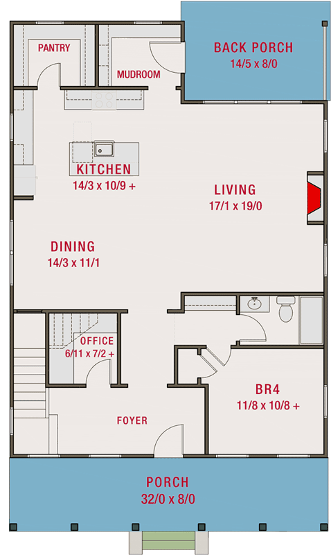 Plan 50221PH: Coastal Cottage with 8'-Deep Front Porch and Four Bedrooms - Floor Plan - Main Level - Bungalow, Coastal, Cottage, Country, Craftsman, Traditional