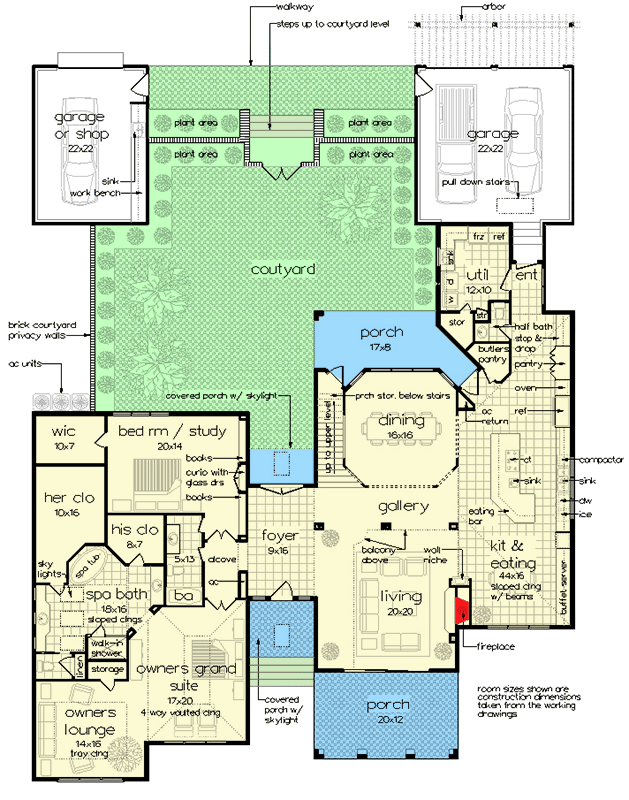 Plan 55225BR: 4300 Square Foot Transitional House Plan with Courtyard - Floor Plan - Main Level - Contemporary, Southern, Transitional