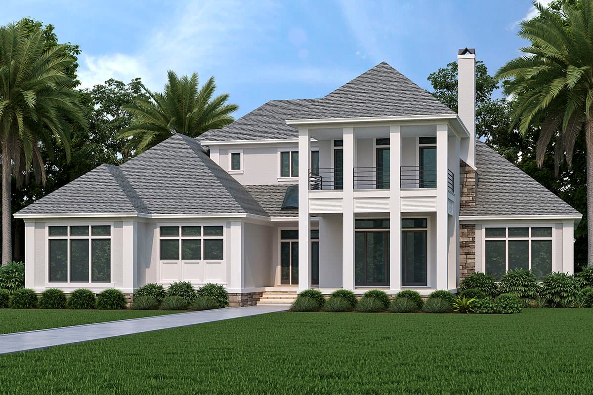 House plan exterior. Two-story home with a gabled roof, prominent pillars, balcony, and a stone chimney. Features large windows and a manicured lawn.