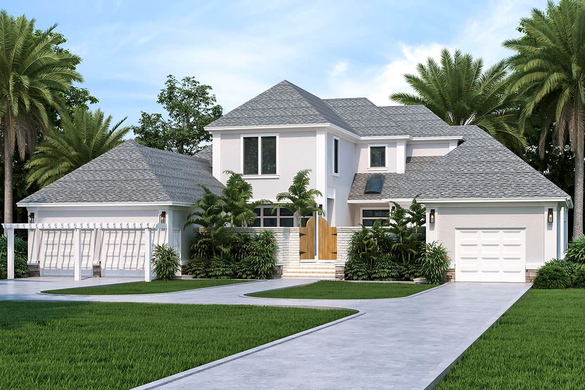 Two-story house plan exterior with a hip roof, attached two-car garage, and a detached three-car garage with pergolas.