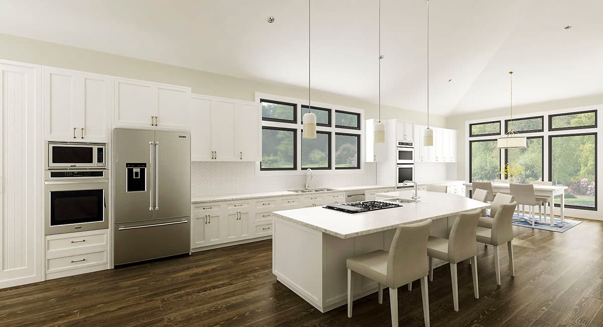 Modern kitchen with island, stainless steel appliances, white cabinetry, and large windows with a vaulted ceiling.