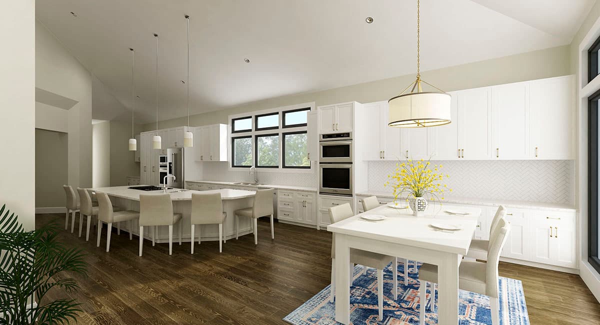 Modern kitchen with vaulted ceiling, large island with seating, white cabinetry, herringbone backsplash, and dining area.
