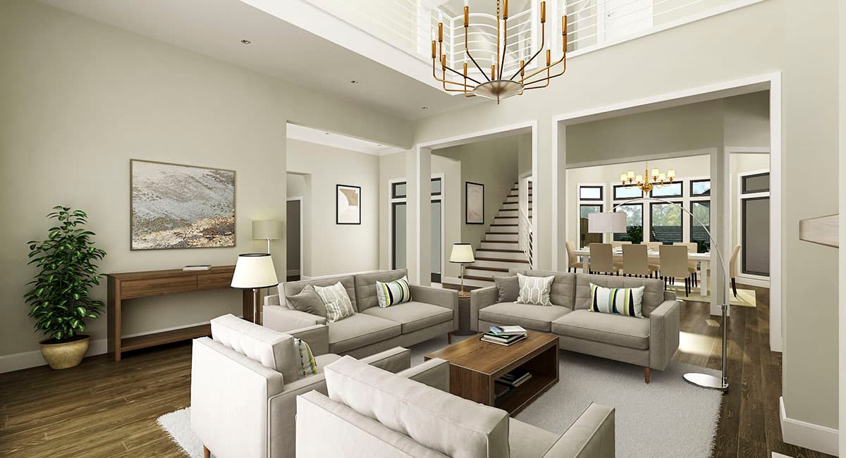 Interior rendering of a living room with a vaulted ceiling, open layout, and view into a dining room.