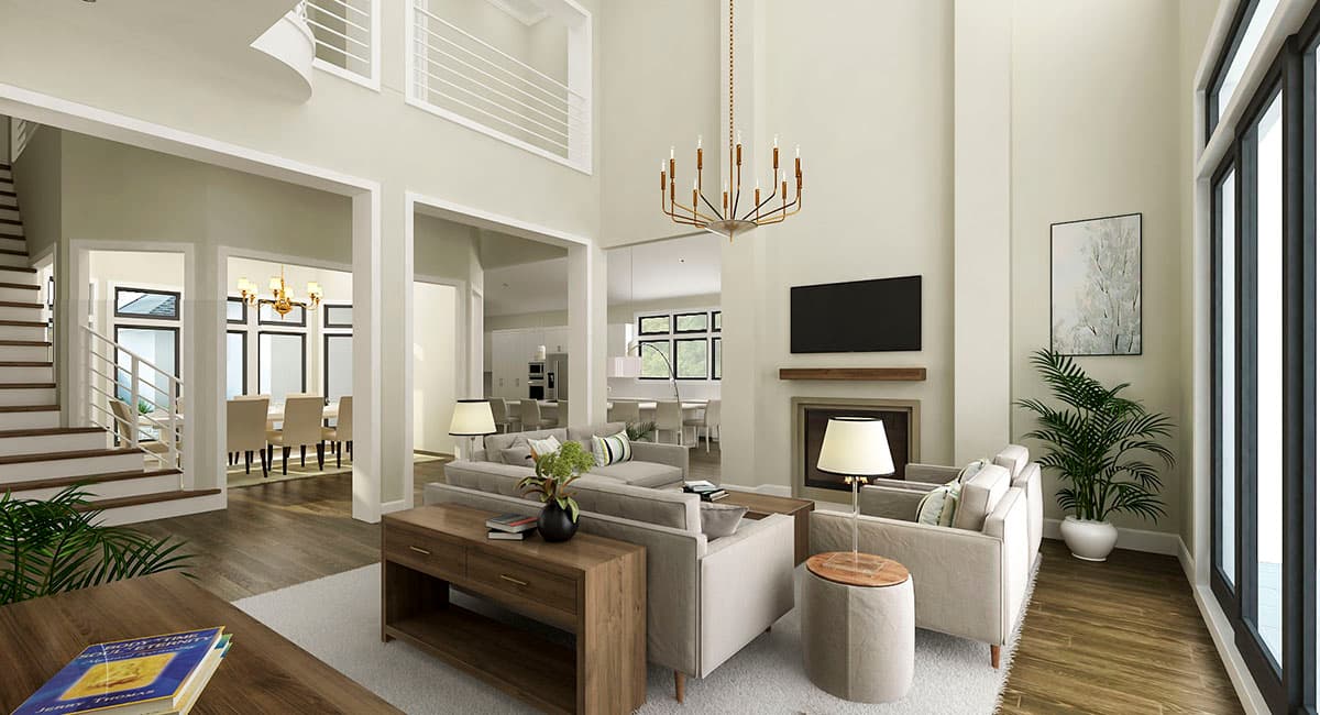 Interior rendering: Great room with fireplace, TV, open to dining and kitchen, and loft overlooking space.