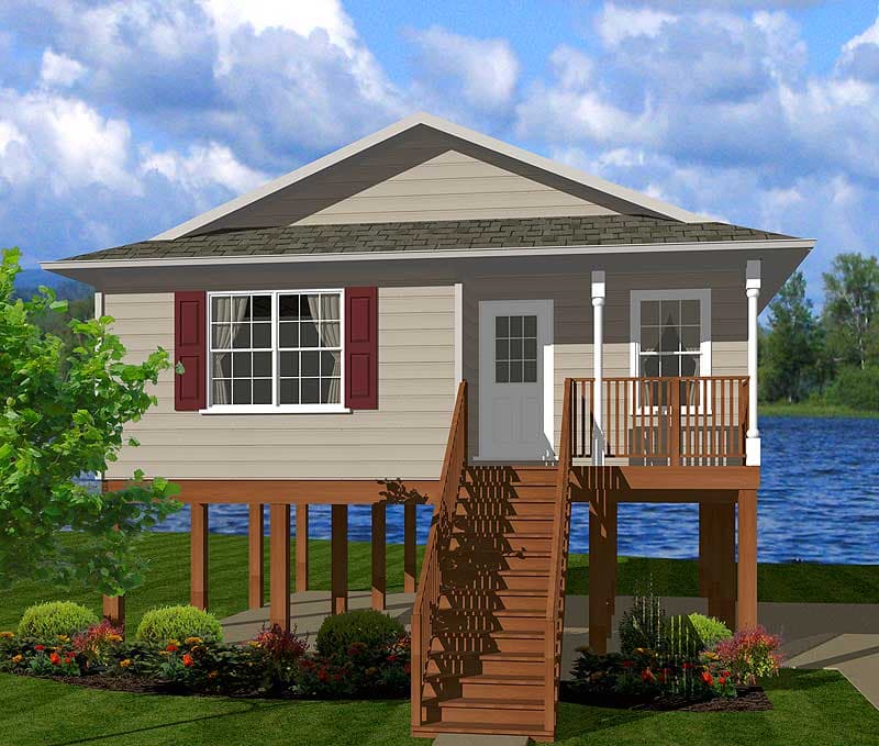 House plan exterior: Single-story elevated home with central stairs, front porch, and gabled roof.