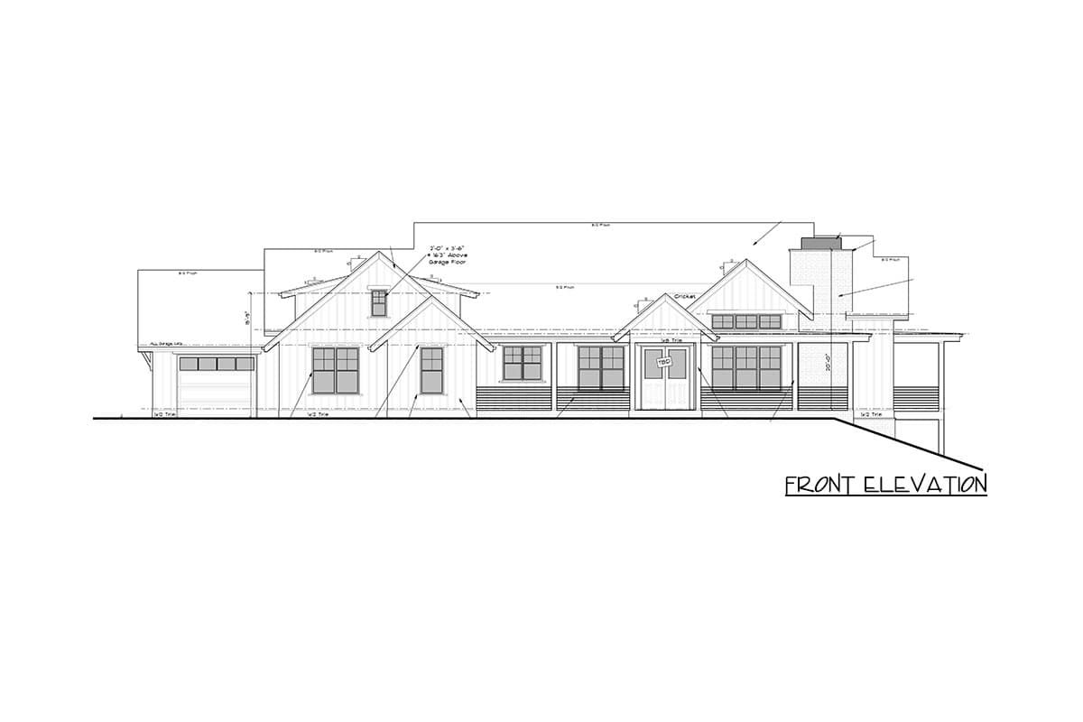 Architectural front elevation of a house, featuring a gabled roof, multiple windows, a porch, and chimney, with detailed dimensions noted.