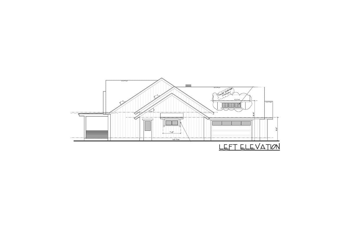 Architectural drawing of a house from the side, labeled "Left Elevation." Features include a gabled roof, garage, windows, and porch.