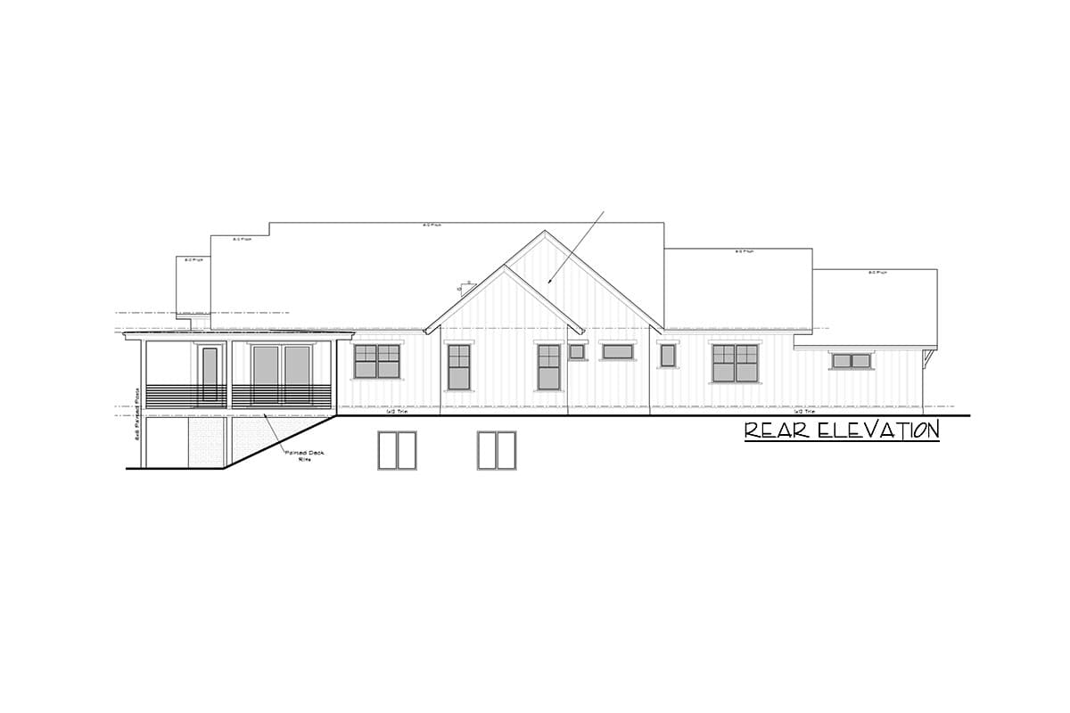 Rear elevation blueprint of a house, featuring multiple windows, a porch, and a sloped roof. The words "Rear Elevation" are written at the bottom.