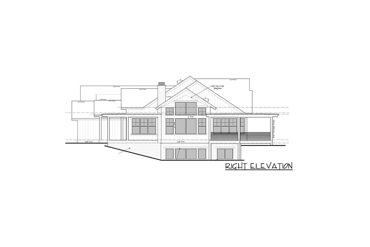 Architectural elevation drawing of a house, detailing the right side with windows, a gabled roof, and a porch. The words "Right Elevation" are below.