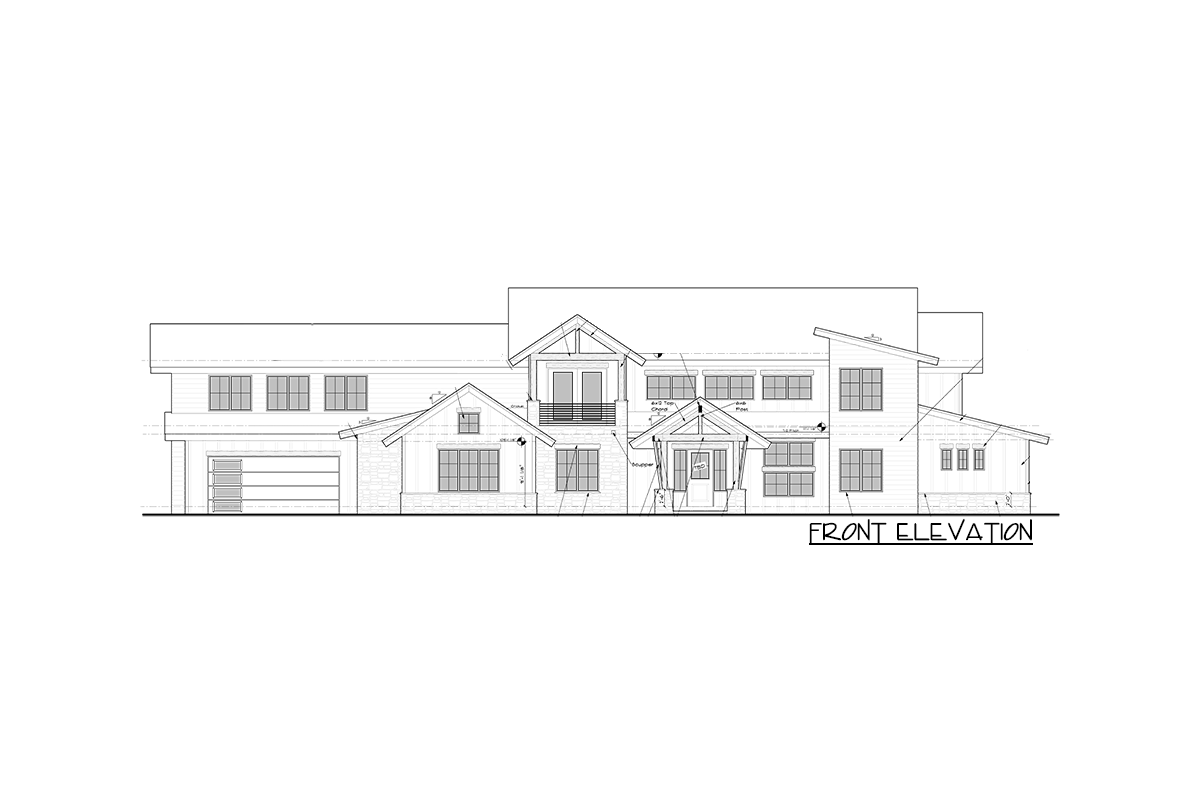 Front elevation drawing of a two-story house with a prominent gabled entrance, stone accents, and attached garage.