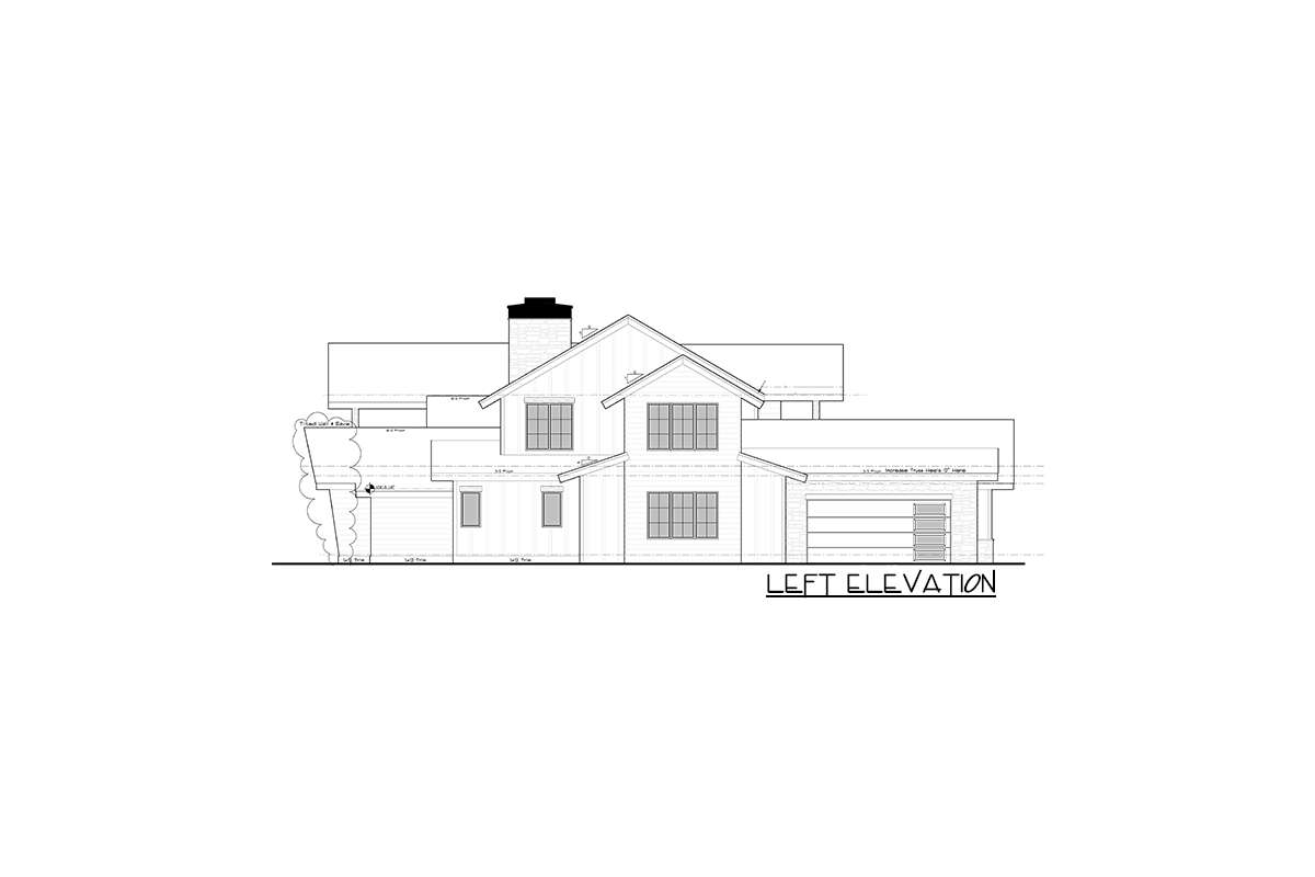 Left elevation drawing of a two-story house plan with a stone chimney, gabled rooflines, two-car garage, and various window placements.