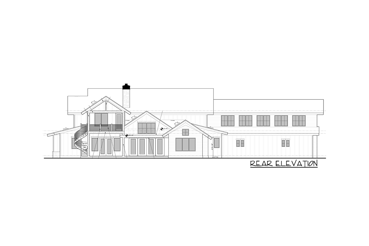 Rear elevation drawing of a house plan featuring gables, a chimney, spiral stairs, and numerous windows.