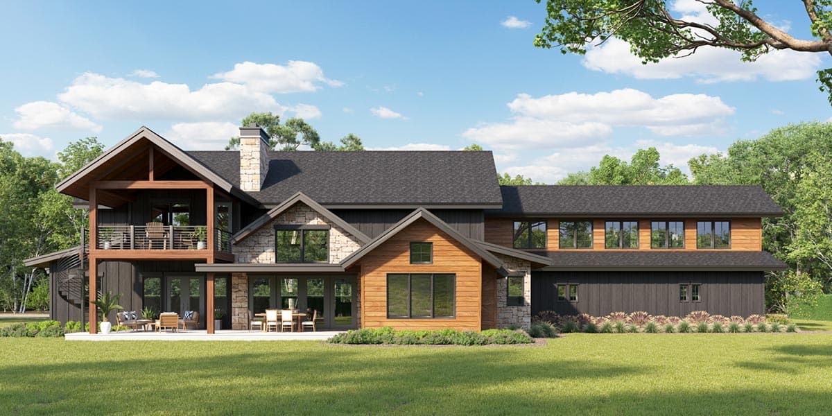 Modern house plan exterior with stone and wood accents, multiple gables, upper balcony, and large windows.