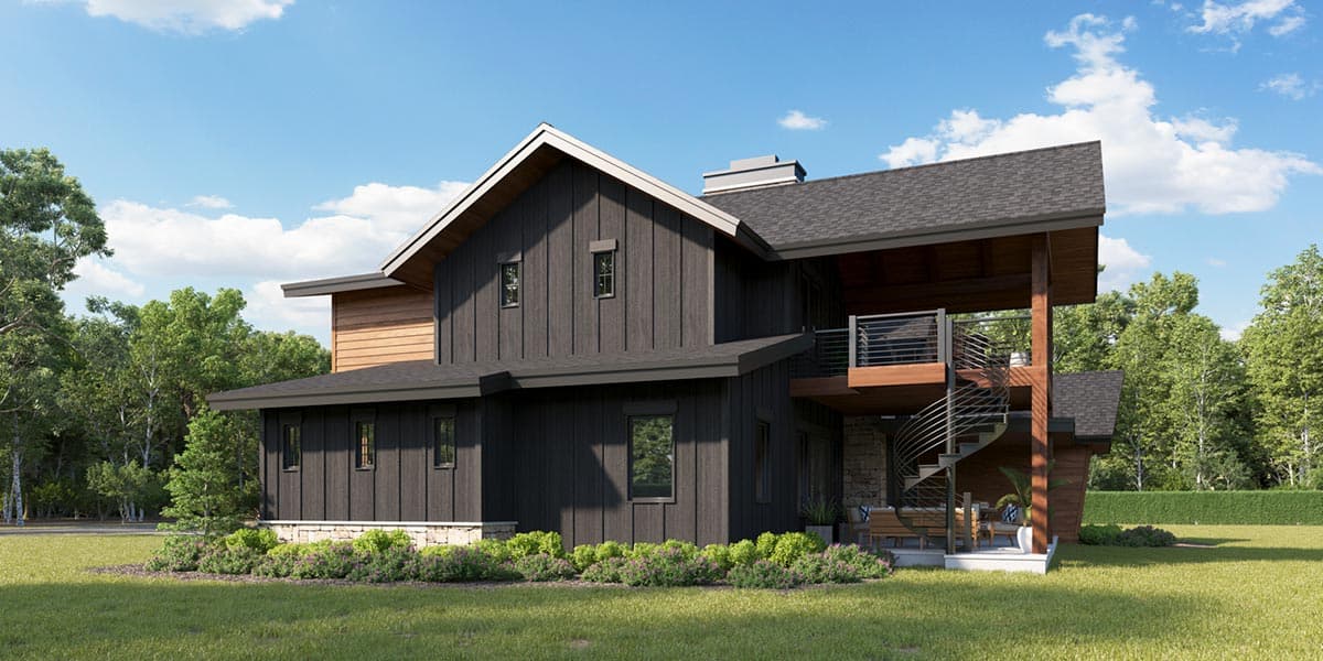 House plan exterior: Modern two-story design with dark vertical siding, wood accents, pitched roof, and spiral staircase to upper deck.
