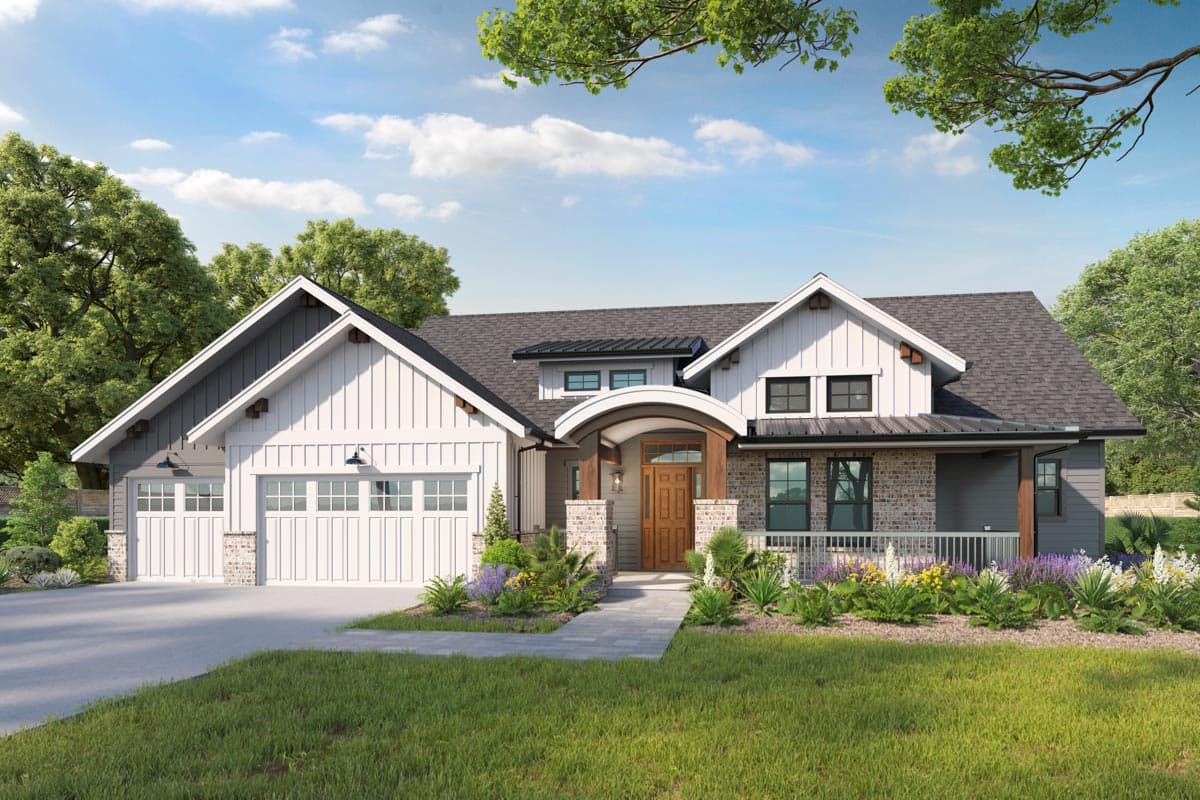 House plan exterior. Modern farmhouse style with gabled roof, two-car garage, front porch, and dormer windows. Two stories.