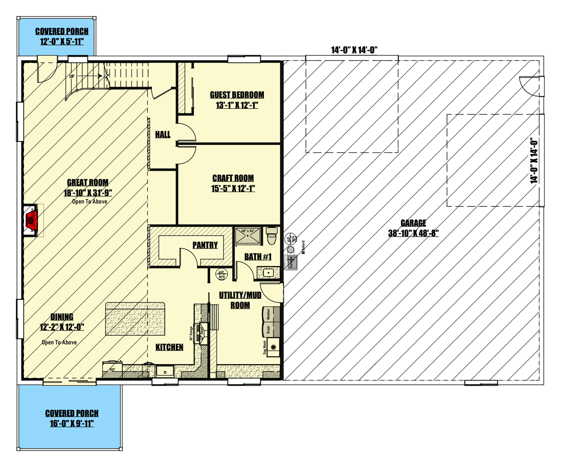 Plan 400015FTY: 3000 Square Foot Barndominium-Style House Plan in Popular 80 by 50 Footprint - Floor Plan - Main Level - Barndominium, Country, Rustic, Vacation