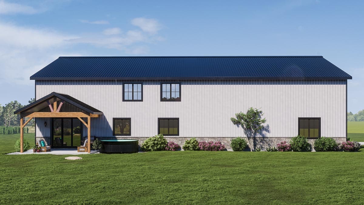 House plan exterior view of a two-story modern barn with a dark metal roof, white vertical siding, stone foundation, and covered wooden porch.