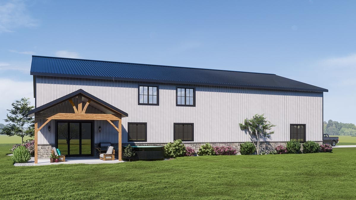 House plan exterior: Two-story modern barn style with a gabled front porch, metal roof, and stone foundation.