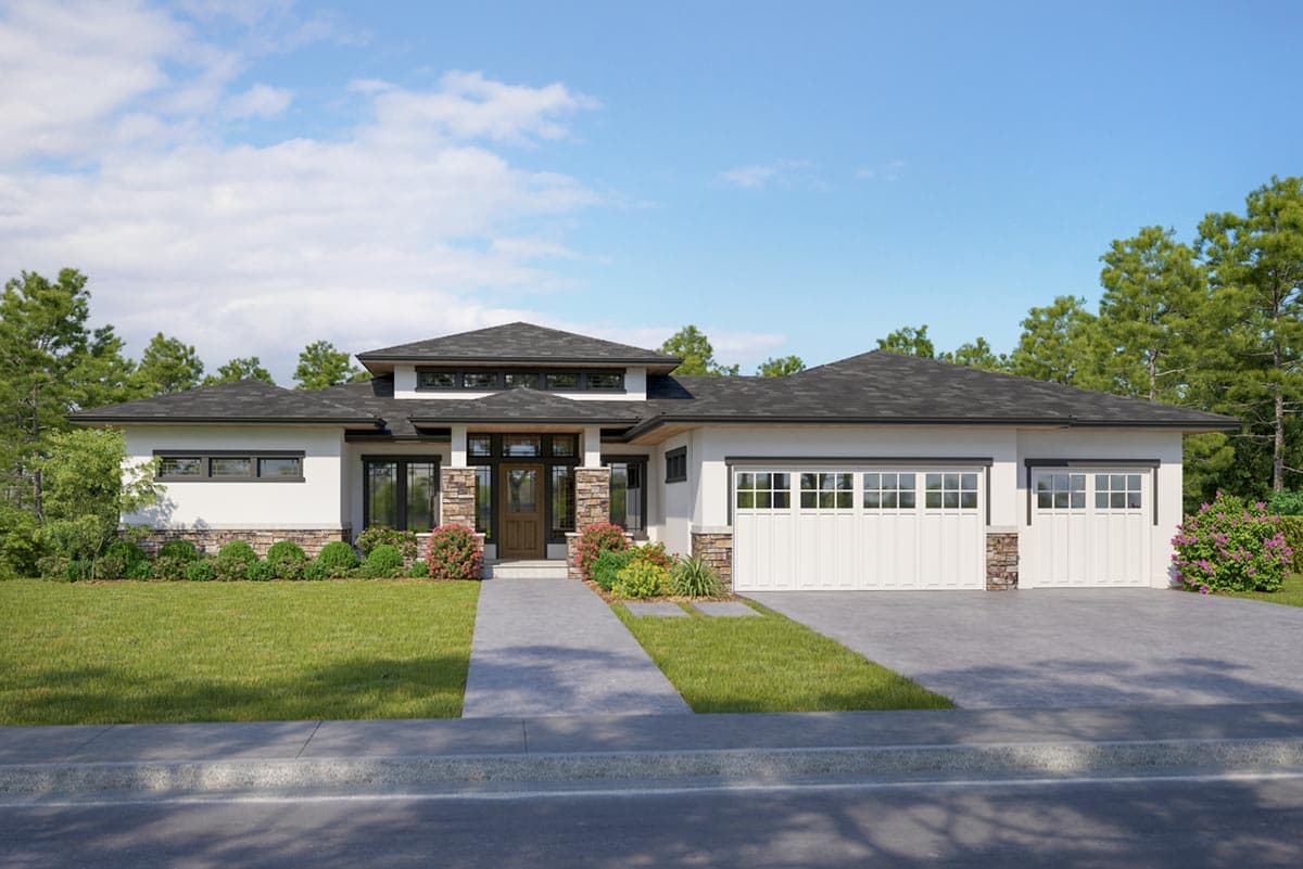 House plan exterior with modern design. Features include a low-slope roof, stone accents, and a two-car garage. Single story construction.