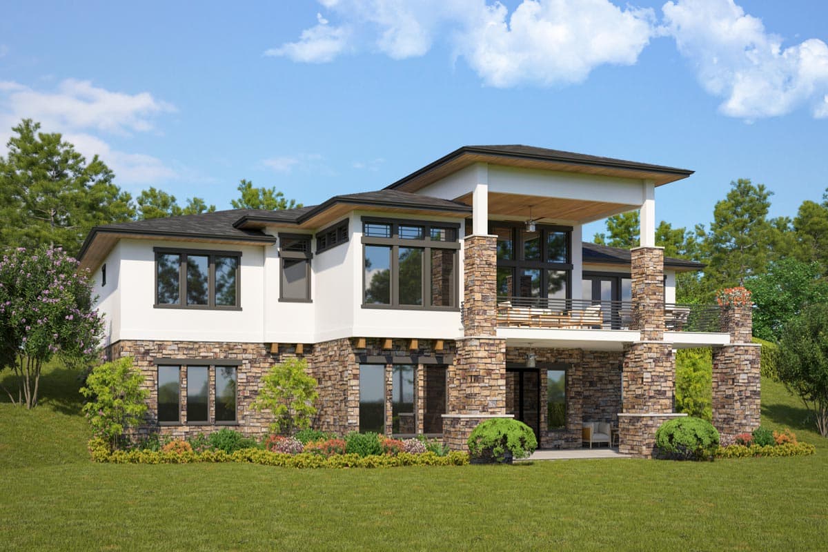 Modern house plan exterior with stacked stone accents, a covered balcony, and large dark-framed windows.
