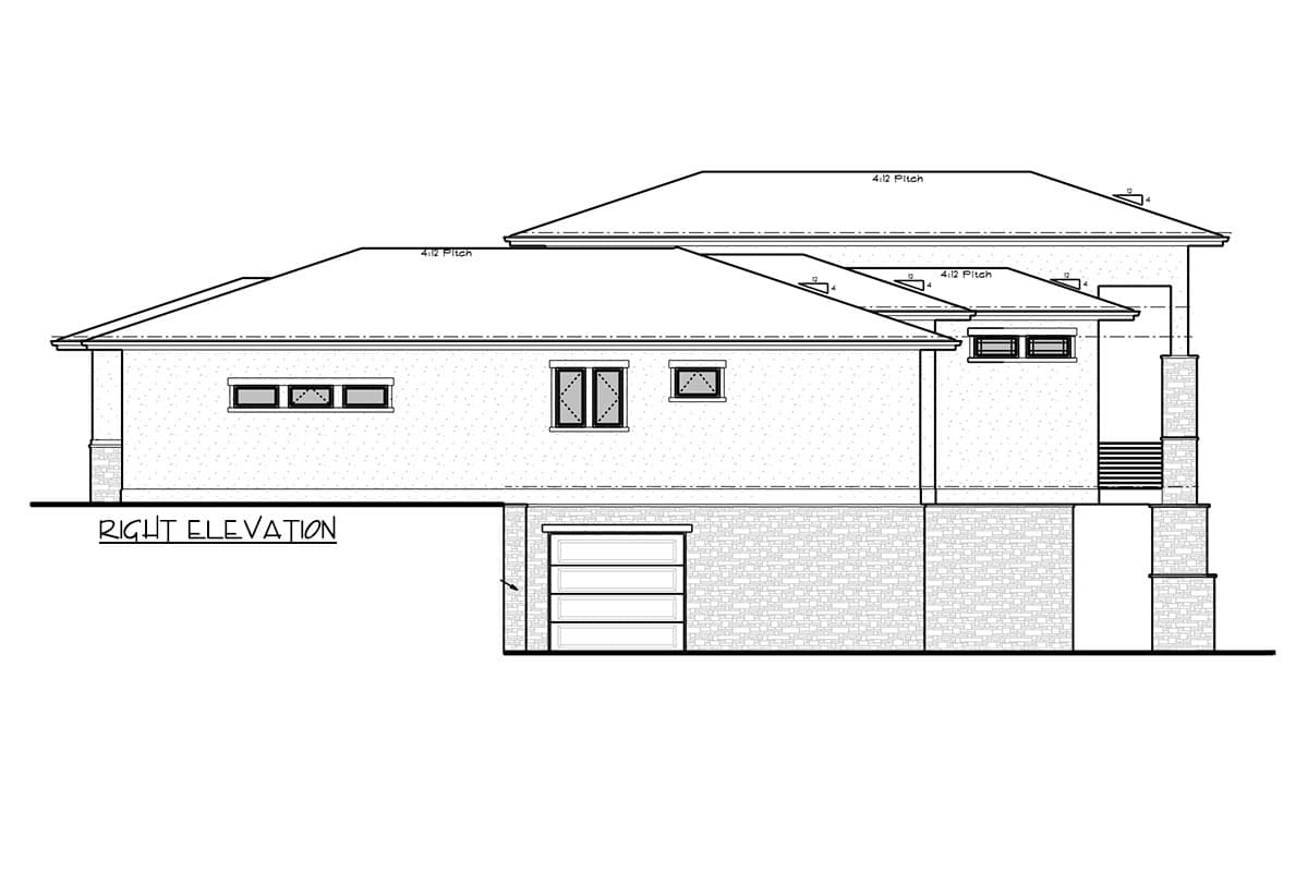Right elevation house plan with a 4:12 pitch roof, multiple windows, stone foundation, and an attached garage.
