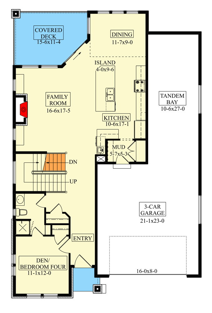 Plan 95196RW: Transitional Northwest House Plan with 3-Car Tandem Garage - Floor Plan - Main Level - Contemporary, Modern, Northwest, Transitional