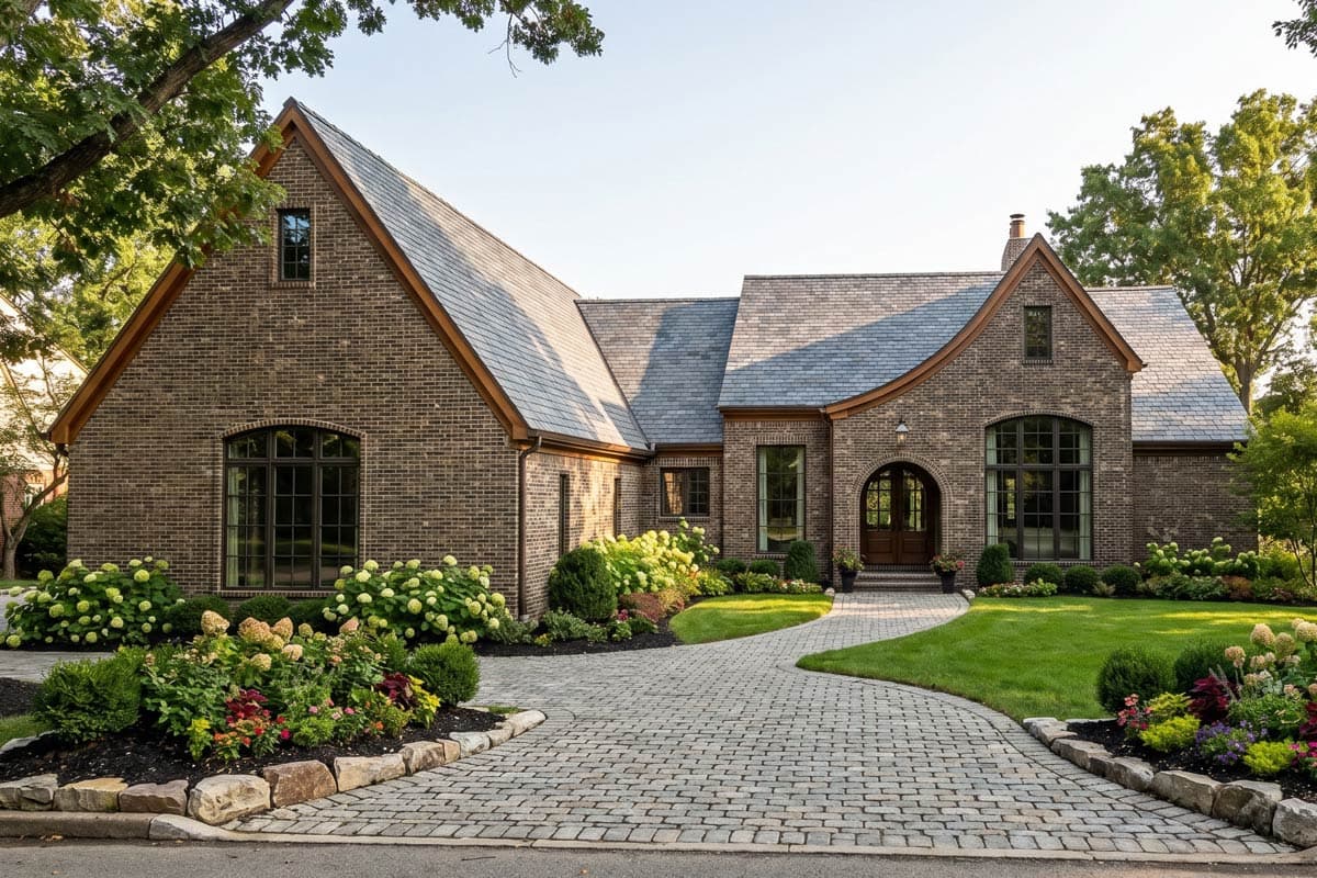 House plan exterior featuring a brick facade, prominent gables, arched entry, and asymmetrical rooflines with slate tiles.