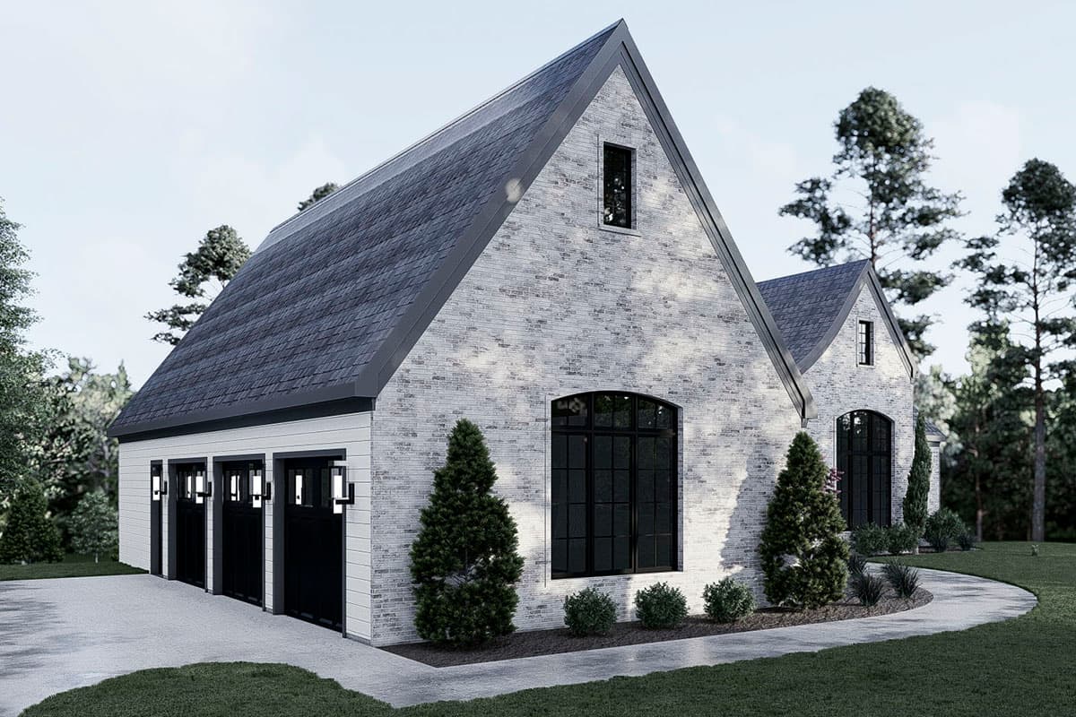 House plan exterior featuring a steep gable roof, white brick facade, and a four-car garage.