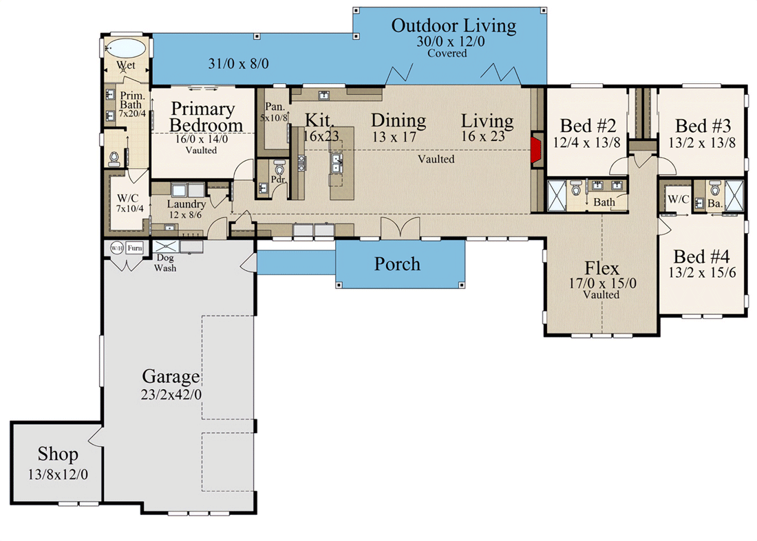 Plan 85387MS: Rustic 4-Bed Family House Plan Under 2900 Square Feet - Floor Plan - Main Level - Country, Craftsman, Mountain, Ranch, Rustic