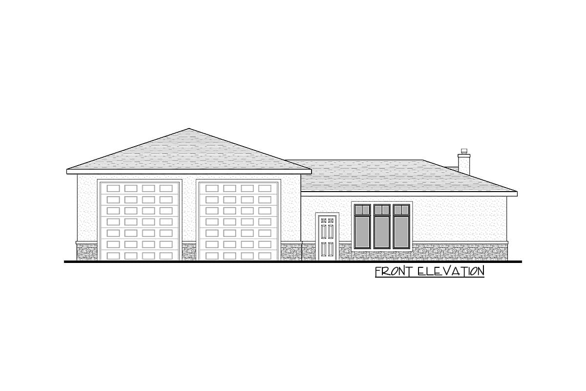 Front elevation drawing of a one-story house plan with a two-car garage, entry door, and three windows.