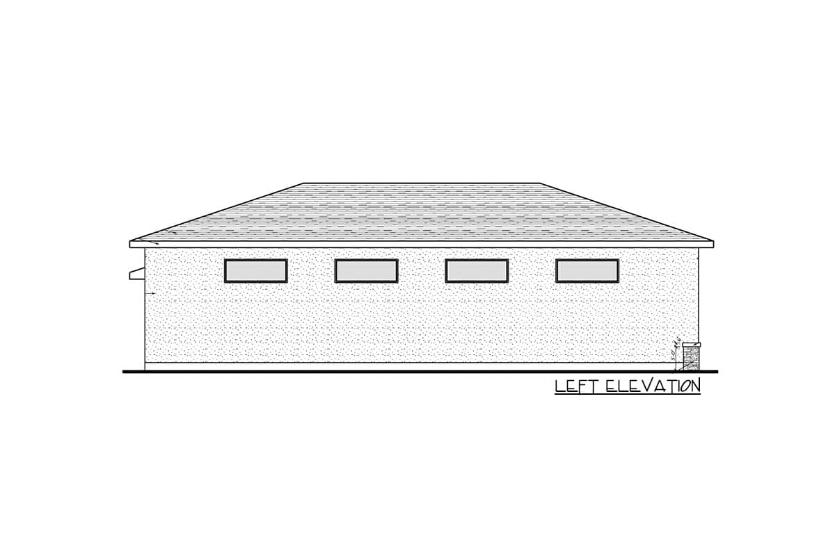 Left elevation drawing of a single-story house plan with a hip roof and four rectangular windows.