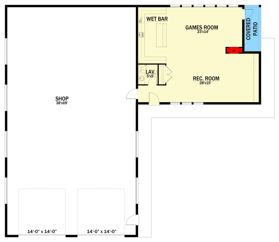 Plan 81804AB: 2-Car Detached Garage Shop with 14 by 14 Garage Doors and Rec Room with Wet Bar - Floor Plan - Main Level - Contemporary, Mid Century Modern, Modern