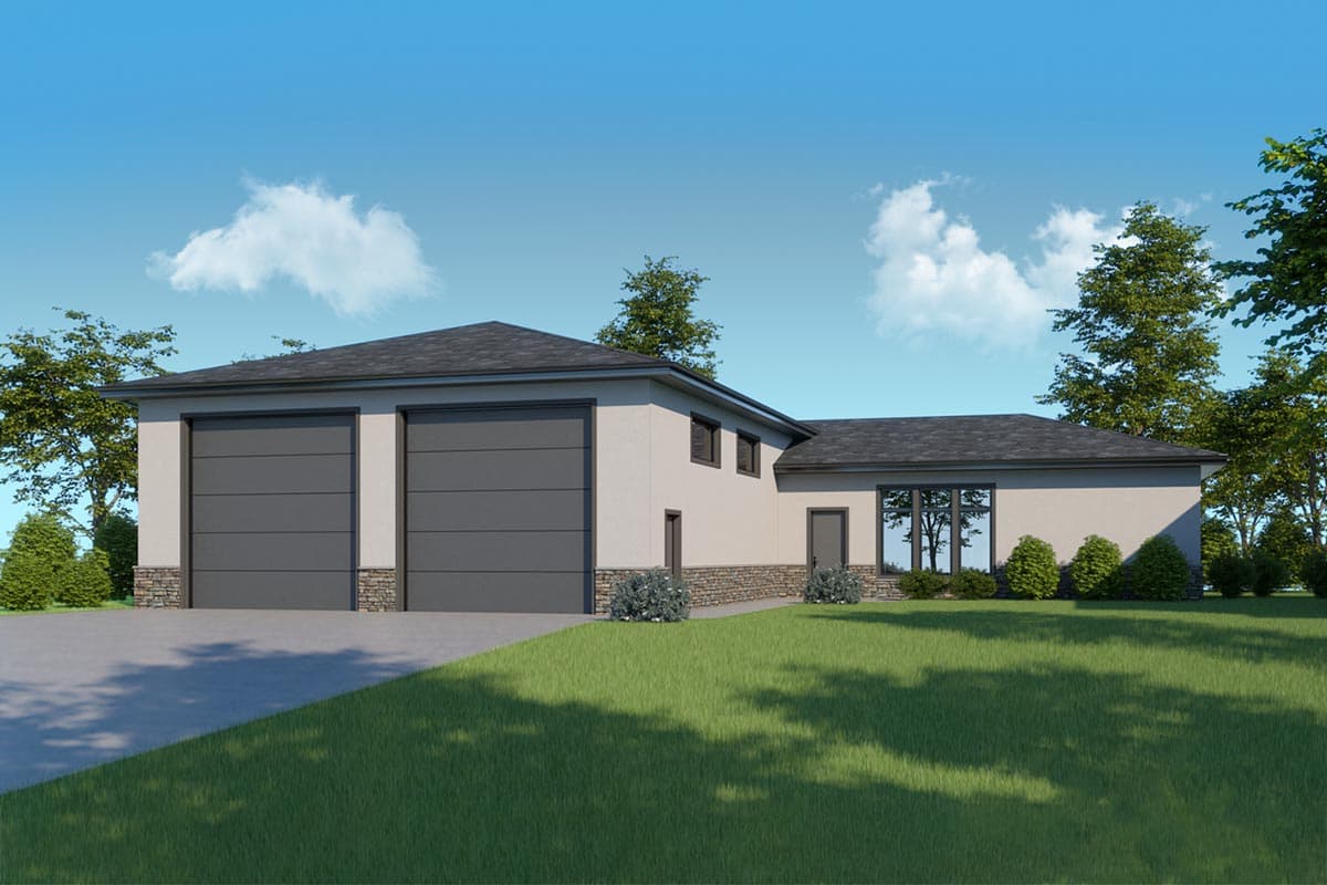 House plan exterior. One-story house with a two-car garage, flat roof, and stone facade accents. Features large windows and minimal gables.