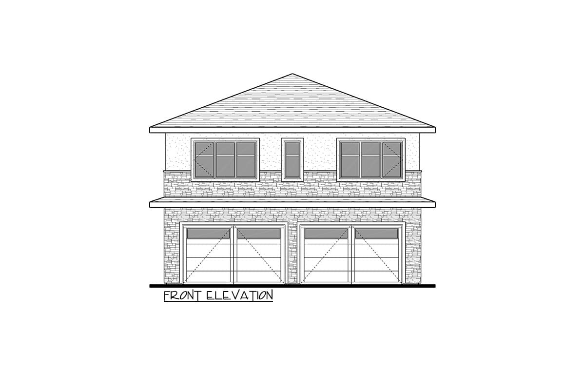 Front elevation drawing of a two-story house with a prominent gable roof, dual garage doors, and stone veneer accents.