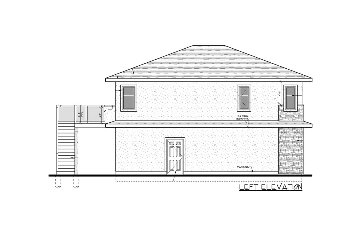Left elevation of a two-story house plan featuring a side deck with stairs, double entry doors, and stone exterior accents.