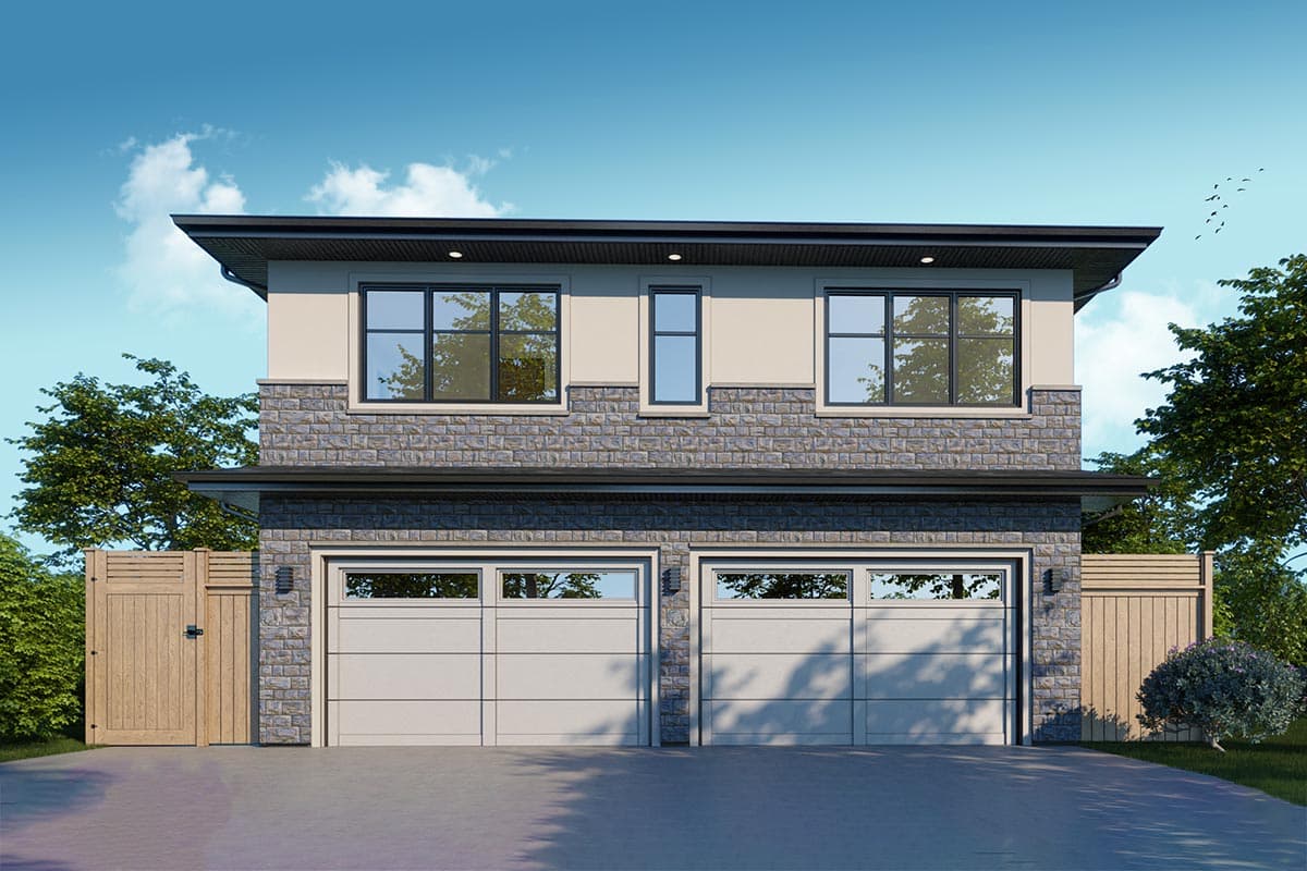 House plan exterior. Two-story home with a flat roof. Features include stone veneer, two-car garage, and large windows.