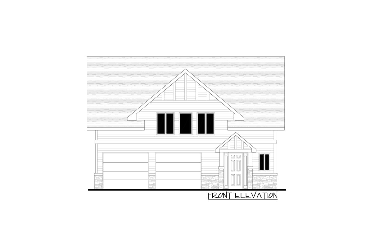 Front elevation of a two-story house plan featuring a gable roof, double garage, and covered entry with stone accents.