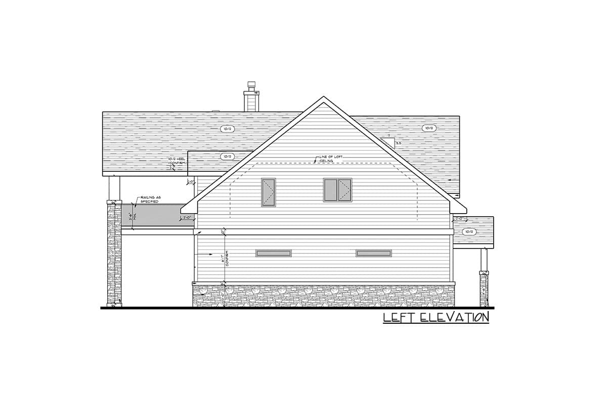 Left elevation house plan showing gabled roof, stone foundation, and covered porch with stone columns.