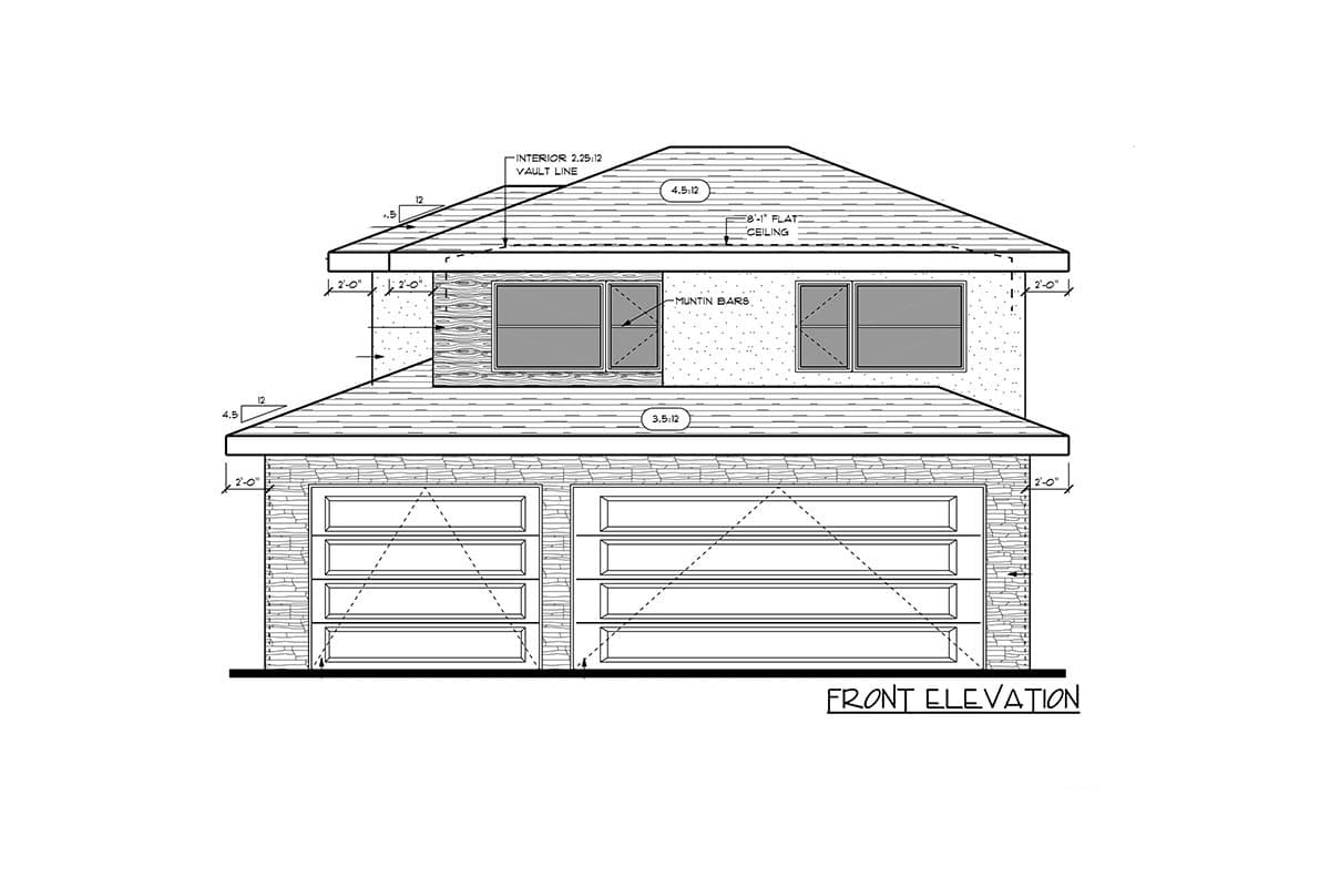 Front elevation house plan drawing showing a two-story house with a gable roof, two garage doors, and two upper-level windows with muntin bars.