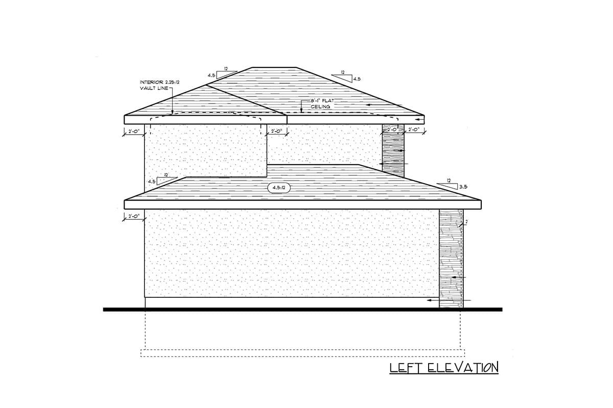 Left elevation house plan showing rooflines, a vault line, flat ceiling, and overhang dimensions.