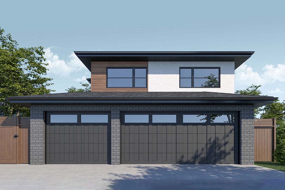 Modern house plan exterior with two-story design. Features include flat roof, brick facade, wood siding, and two-car garage with black doors.
