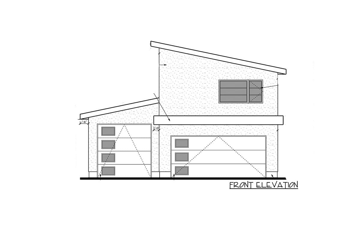 Front elevation drawing of a two-story house plan with asymmetrical rooflines, two garage doors, and upper-level windows.
