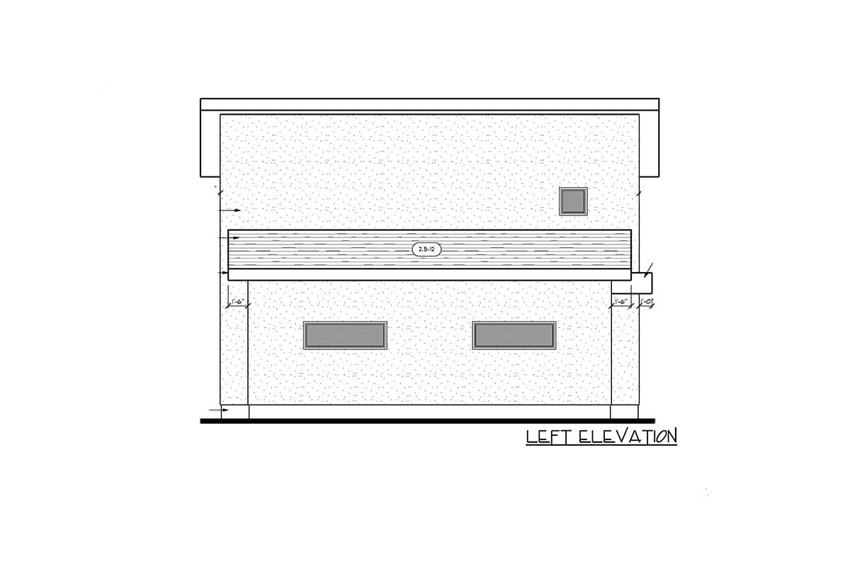 Left elevation drawing of a house plan showing two rectangular windows and a small square vent on the upper level.