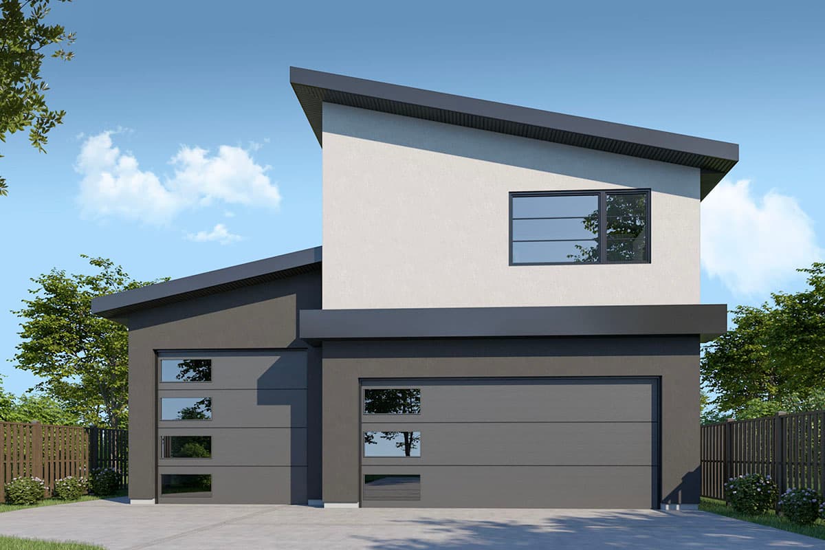 House plan exterior with modern design. Two-story structure featuring a flat roof and a shed roof. Includes a two-car garage with multiple windows.