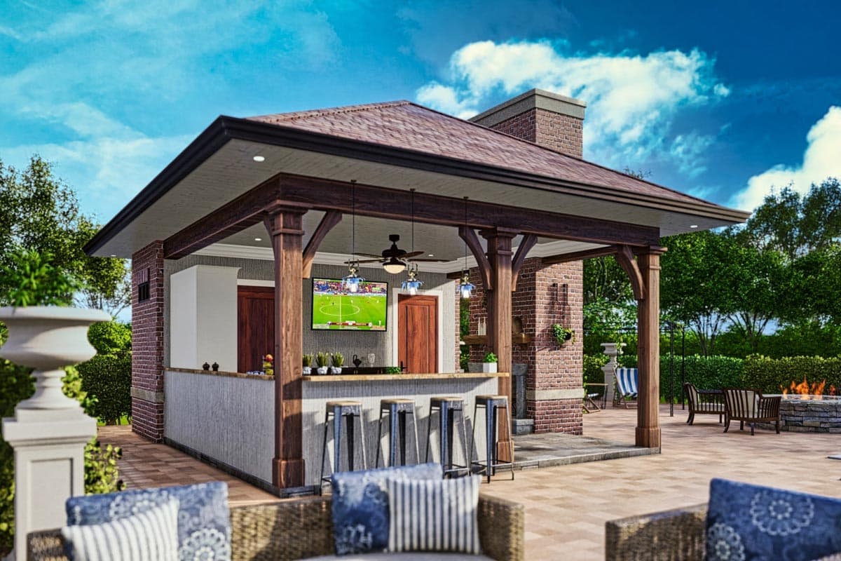 Outdoor kitchen and bar structure with brick fireplace, wood columns, and seating area.