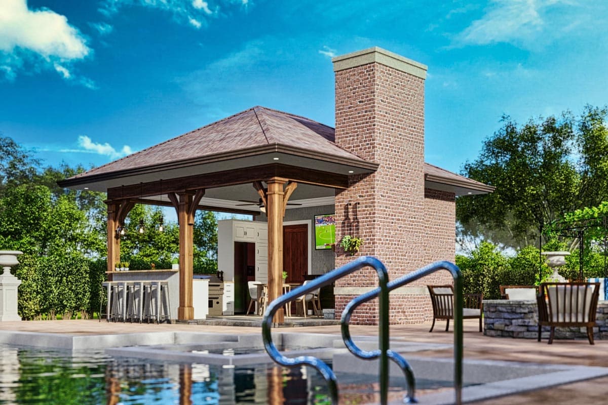 Outdoor living space with covered pavilion, bar, grill, brick fireplace, and seating area next to pool.